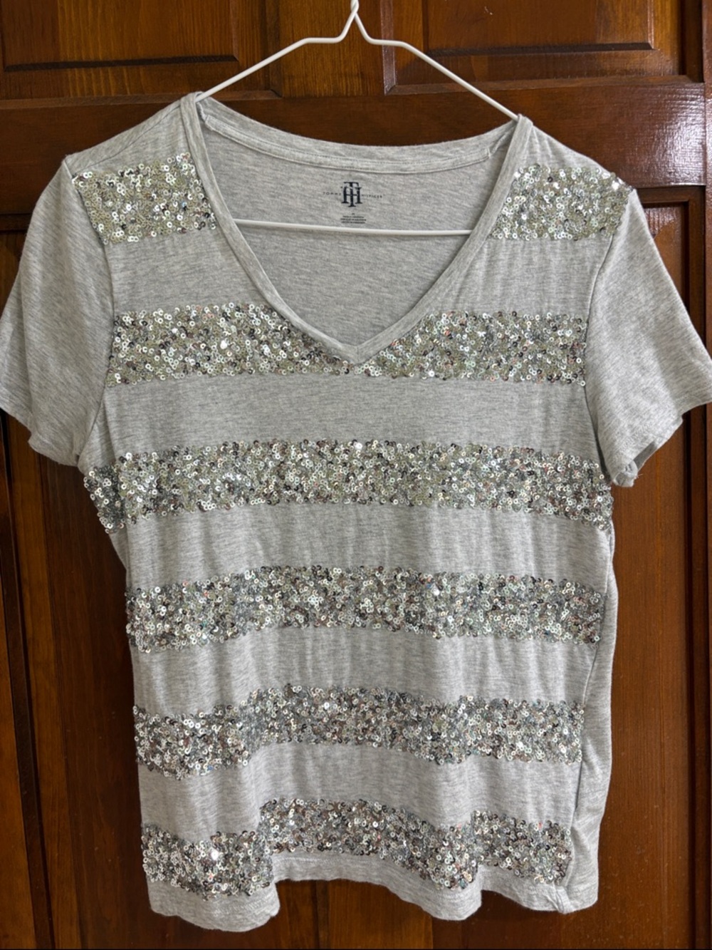 Tommy Hilfiger Silver Sequin Stripe V-Neck Tee